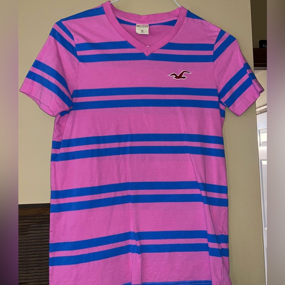 Hollister T-Shirt (Pink with Blue Stripes)